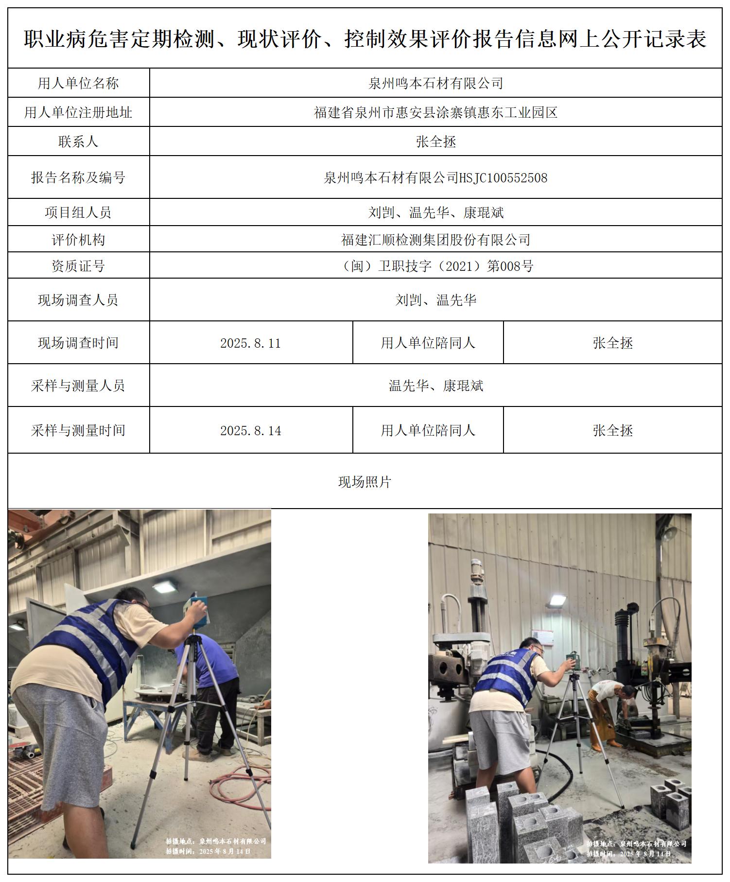 HSJC100552508泉州鸣本石材有限公司职业病危害定期检测职业卫生技术服务报送卡_职业病危害定期检测、现状评价、控制效果评价报告网上公开信息表.jpg
