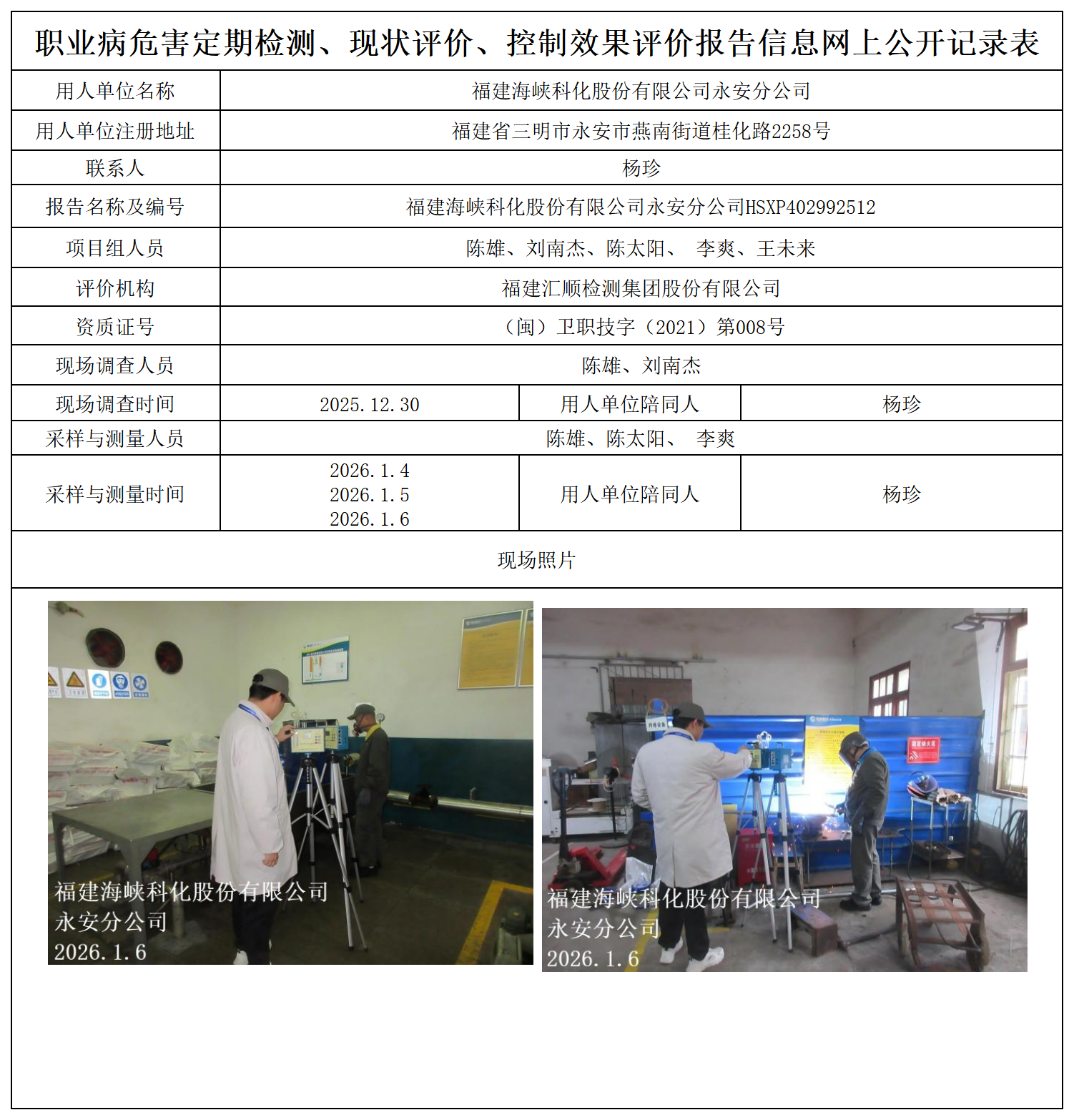HSXP402992512福建海峡科化股份有限公司永安分公司职业卫生技术服务报送卡及各类检测评价公示页_职业病危害定期检测、现状评价、控制效果评价报告网上公开信息表.png